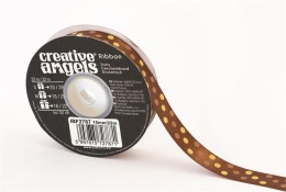 Szatén szalag, 15 mm x 22 m, bronz vegyes pöttyökkel